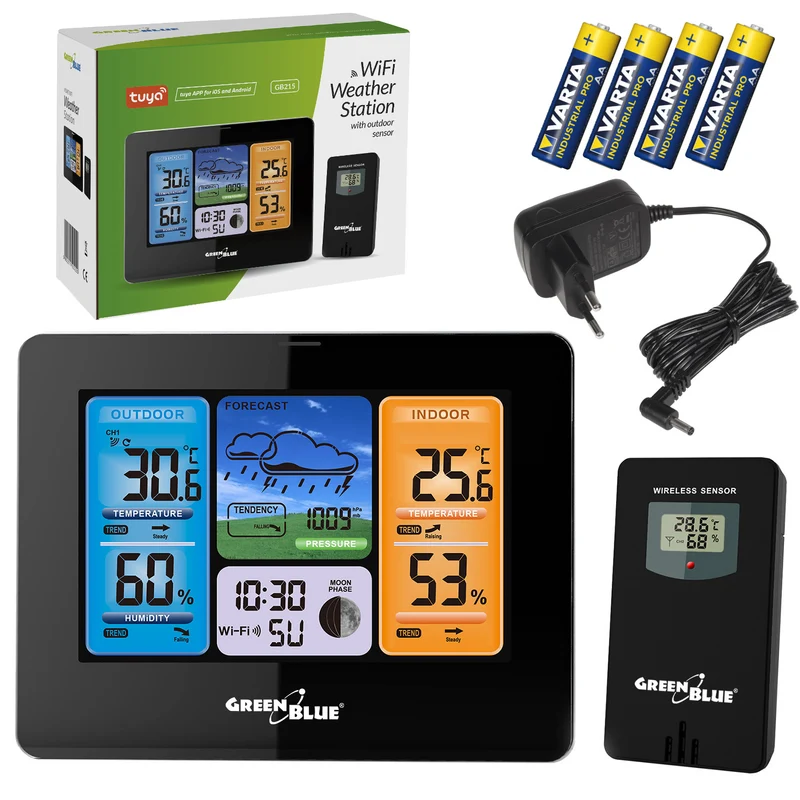 GreenBlue WiFi-väderstation, TUYA-kompatibel, utomhussensor, kalender, väderprognos, barometer, nätadapter, batterier, GB215