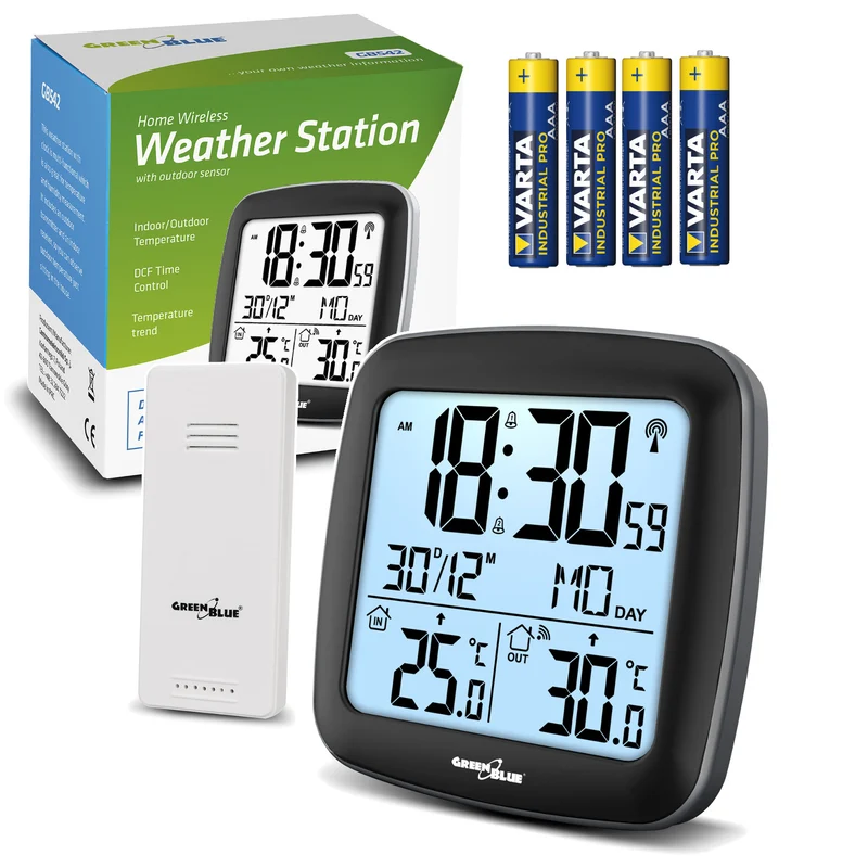 GreenBlue trådlös väderstation, med DCF, kalender, larm, GB542 + 4x Varta Industrial AAA alkaliskt batteri