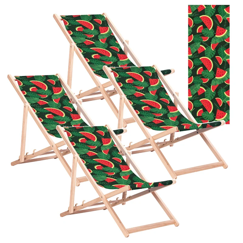 Klassisk solstol i bokträ, GreenBlue GB183, med tryckmönster ”Vattenmelon”, 4 stycken