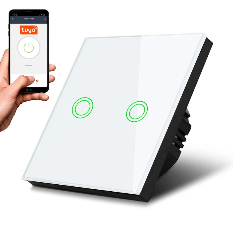 Maclean MCE714W Smart WiFi 2-vägs touch-strömbrytare kompatibel med Tuya APP väggströmbrytare glasomkopplare med färgväxling LED-bakgrundsbelysning infälld strömbrytare 85 x 85 mm (2-vägs rund, vit)