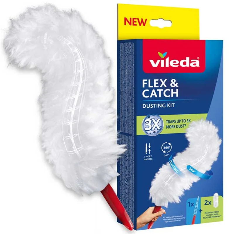 Vileda Flex&Catch dammkvast, med kort skaft, 2 patroner ingår, halkskydd, flexibelt huvud, 179432