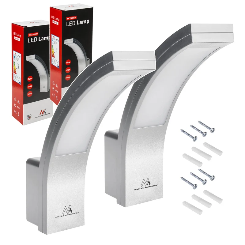 Maclean LED-fasadlampa, 800 lm, IP54, 10 W, naturvit ljusfärg (4000 K), silverfärgad, MCE343 SV, 2 st