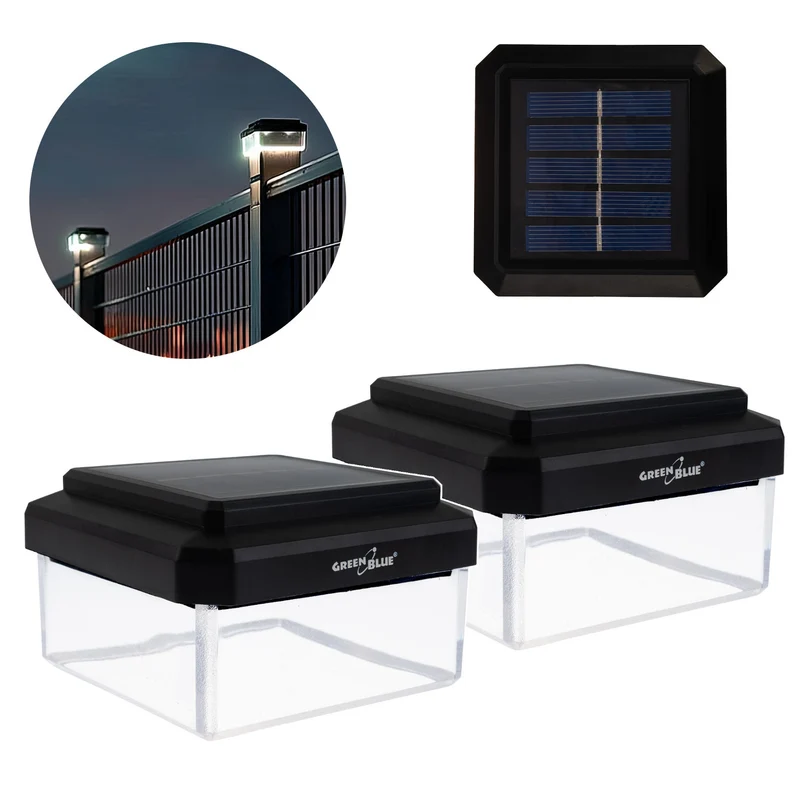 GreenBlue solcellsdriven LED-stolplampa, 100 x 100 mm, kuplock, 3200 K, GB128 WW, 2 st
