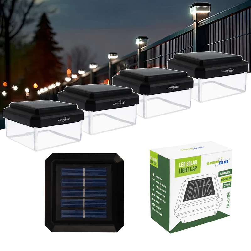 GreenBlue solcellsdriven LED-stolplampa, 100 x 100 mm, kuplock, 3200 K, GB128 WW, 4 st