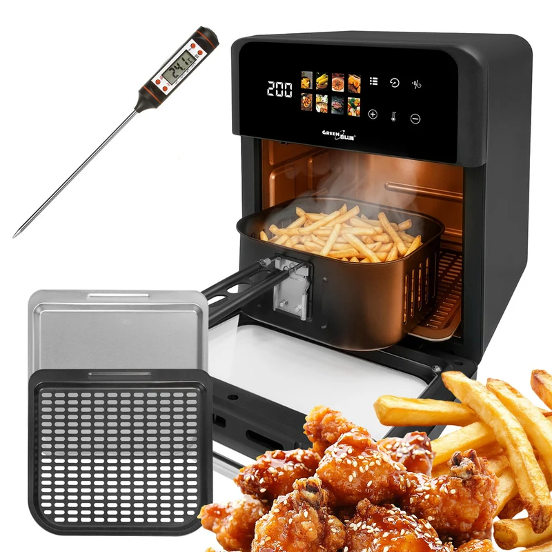 GreenBlue AIR FRYER fettfri fritös, kraftfull 1800 W, 10 liters kapacitet, 8 program, tillbehör, timer, GB950 + mattermometer/matprob, GreenBlue GB178