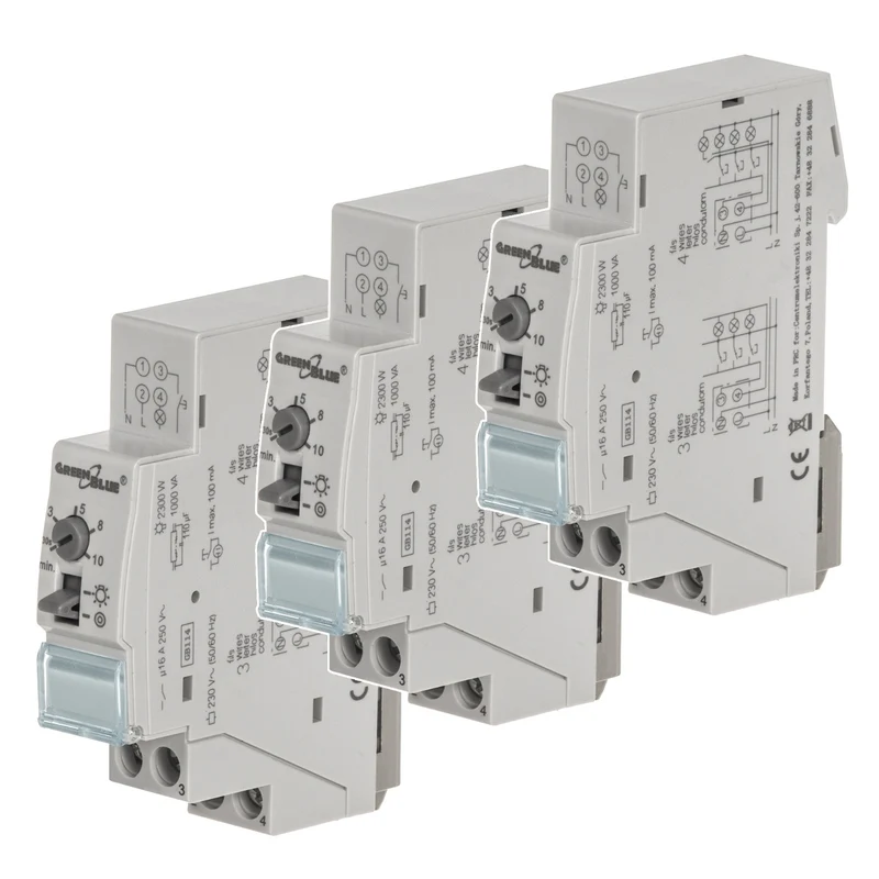 GreenBlue DIN-skenmonterad automatisk trappbelysning, 30s-10m styrning, max 2300 W, GB114, 3 st