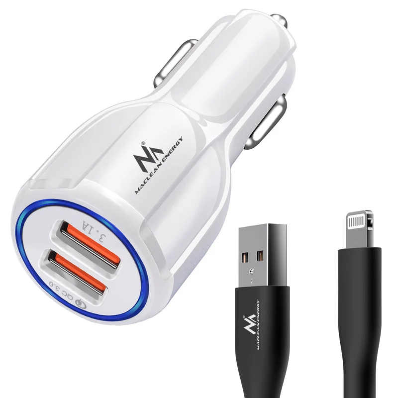 Maclean billaddare, Qualcomm Quick Charge, QC 3.0 - 5V/3A, 9V/1,8A, 12V/1,6A, 5V/3,1A uttag med USB Lightning-kabel