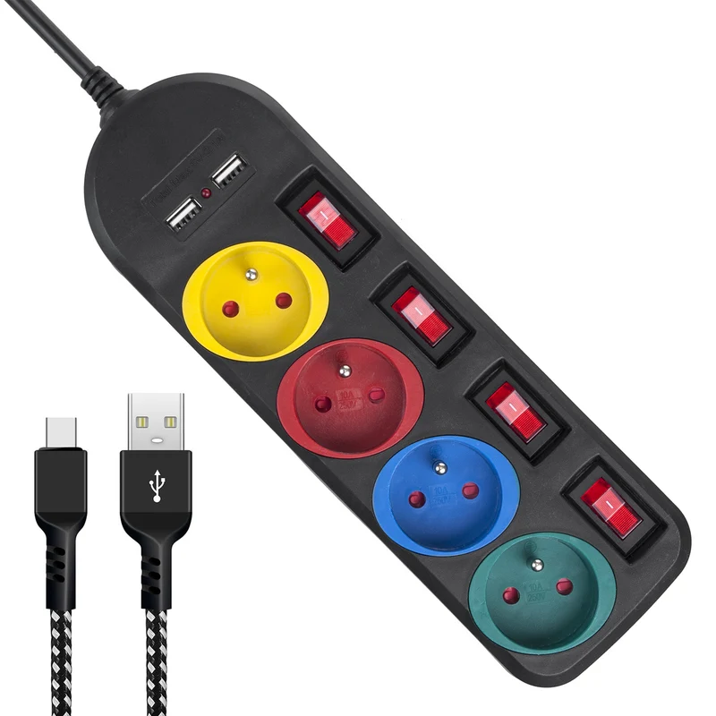 Maclean grenuttag, förlängningskabel 4 uttag + 2xUSB, med brytare, 250VAC/10A, 2,1A 5V, 1,5m, vit, MCE229B + USB-kabel MCE471