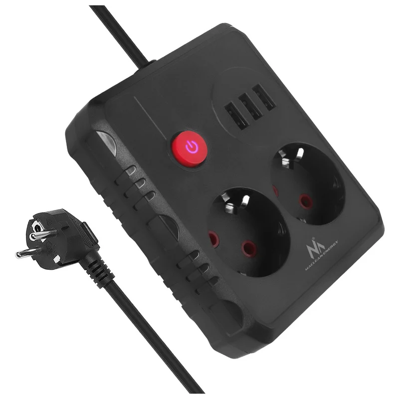 Maclean grenuttag, förlängningskabel 2 uttag + 3xUSB, 110-240V AC 50/60Hz, 2,1A max 2500W, 1,5m, svart, MCE387 B