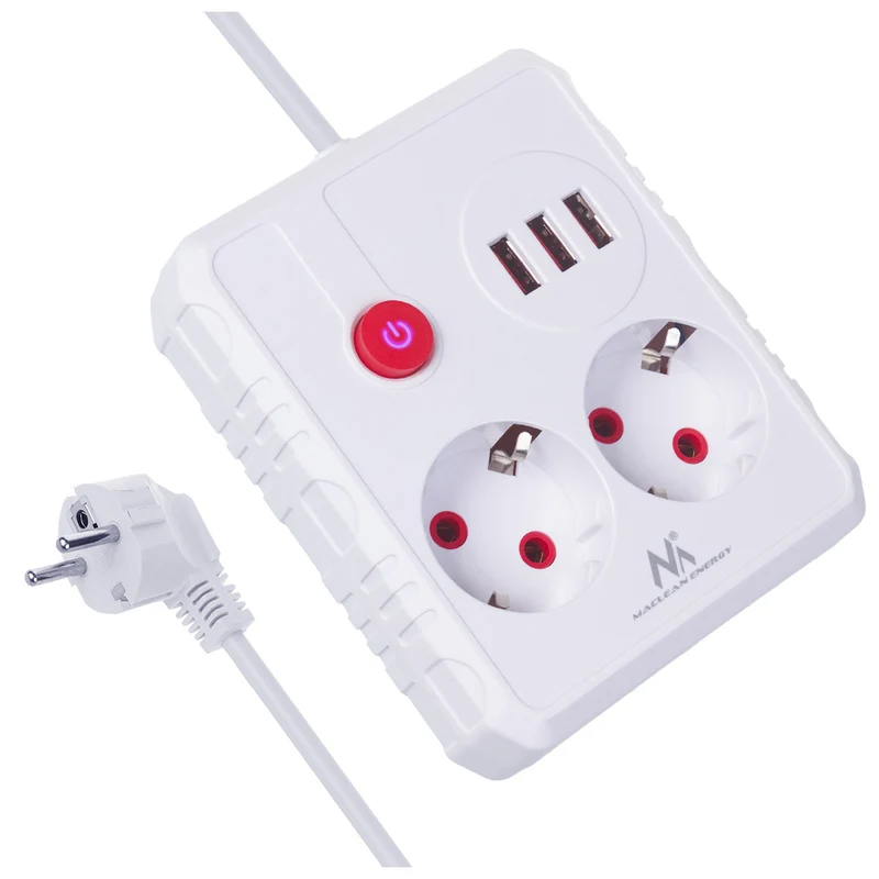 Maclean grenuttag, förlängningskabel 2 uttag + 3xUSB, 110-240V AC 50/60Hz, 2,1A max 2500W, 3 m, vit, MCE388 W