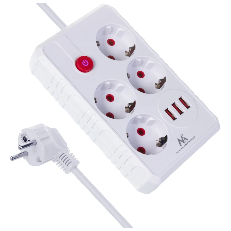 Maclean grenuttag, förlängningskabel 4 uttag + 3xUSB, 110-240V AC 50/60Hz, 2.1A max 2500W, 3m, vit, MCE393 W