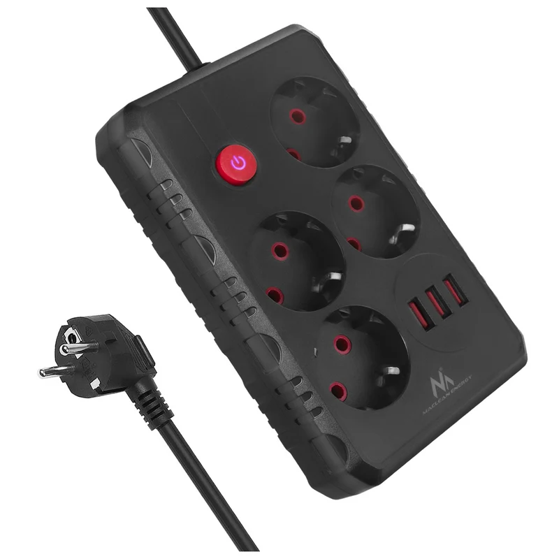 Maclean grenuttag, förlängningskabel 4 uttag + 3xUSB, 110-240V AC 50/60Hz, 2.1A max 2500W, 3m, svart, MCE393 B