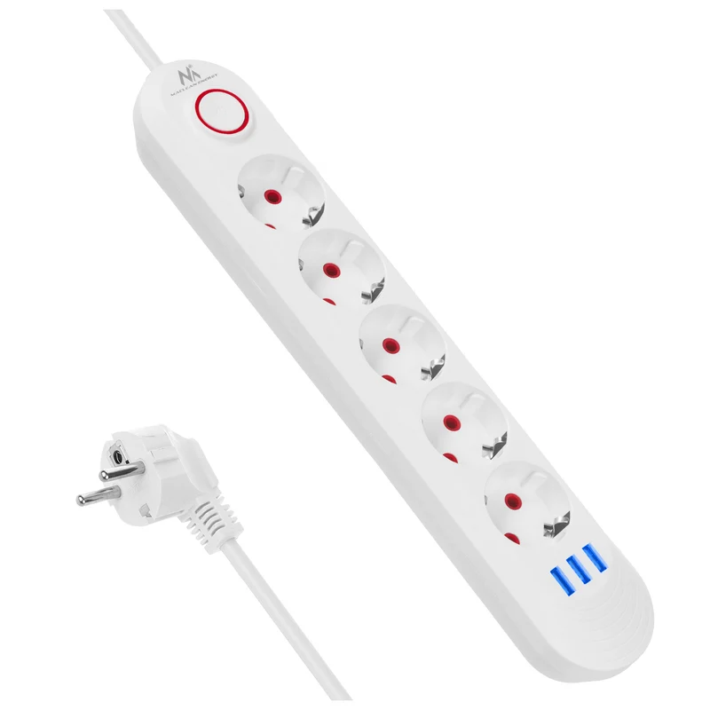 Maclean grenuttag, förlängningskabel 5 uttag + 3xUSB, 110-240V AC 50/60Hz, 2,1A max 2500W, 1,5m, vit, MCE395 W