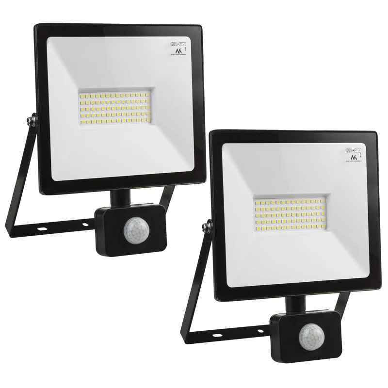 2x LED-strålkastare med Maclean rörelsedetektor, slim 50W, 4000lm, neutral vit (4000K), IP44, MCE650 NW PIR