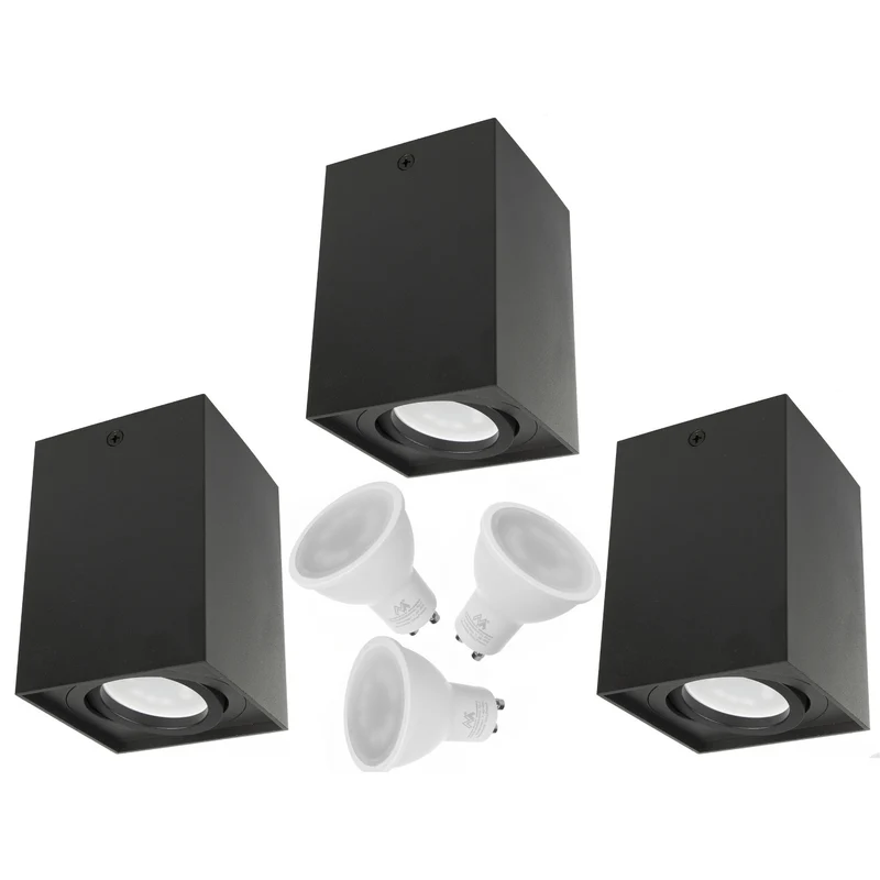 3x Maclean tub / utanpåliggande takarmatur, spot, fyrkantig, aluminium, GU10, 80x80x115mm, svart, MCE426 B + 3x LED-lampa 5W