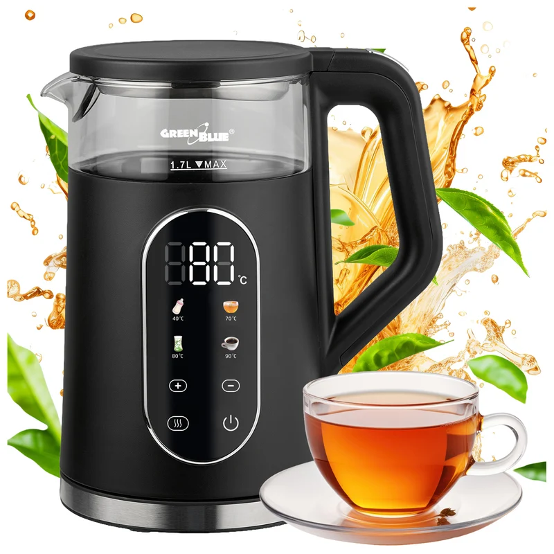 GreenBlue trådlös vattenkokare, volym 1,7 l, vattenbehållare i glas, tydlig display, temperaturval, 2200 W, GB670 B