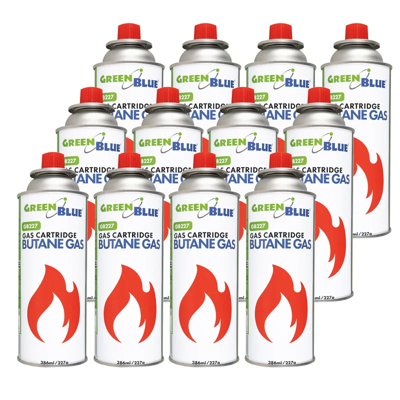 12 gaspatroner à 227 g GreenBlue. Certifikat: Pi 0875, uppfyller standarden EN417, butan, användningstemperatur -10 °C till +40 °C, GB227