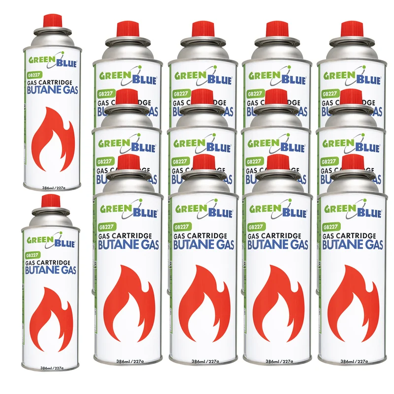 14 gaspatroner à 227 g GreenBlue. Certifikat: Pi 0875, uppfyller standarden EN417, butan, användningstemperatur -10 °C till +40 °C, GB227