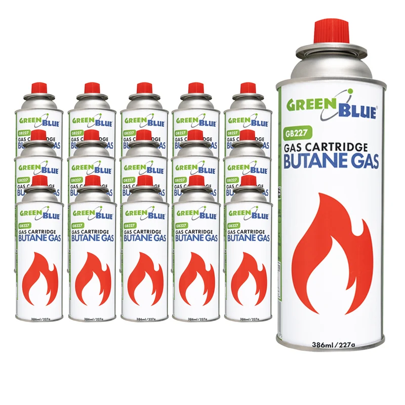 16 gaspatroner à 227 g GreenBlue. Certifikat: Pi 0875, uppfyller standarden EN417, butan, användningstemperatur -10 °C till +40 °C, GB227