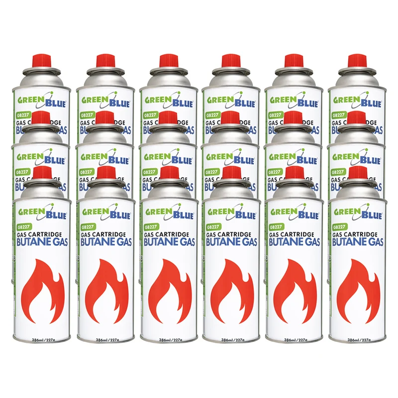 18 gaspatroner à 227 g GreenBlue. Certifikat: Pi 0875, uppfyller standarden EN417, butan, användningstemperatur -10 °C till +40 °C, GB227