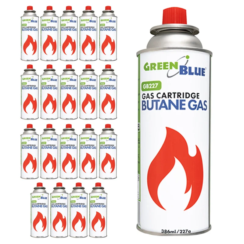 20 gaspatroner à 227 g GreenBlue. Certifikat: Pi 0875, uppfyller standarden EN417, butan, användningstemperatur -10 °C till +40 °C, GB227
