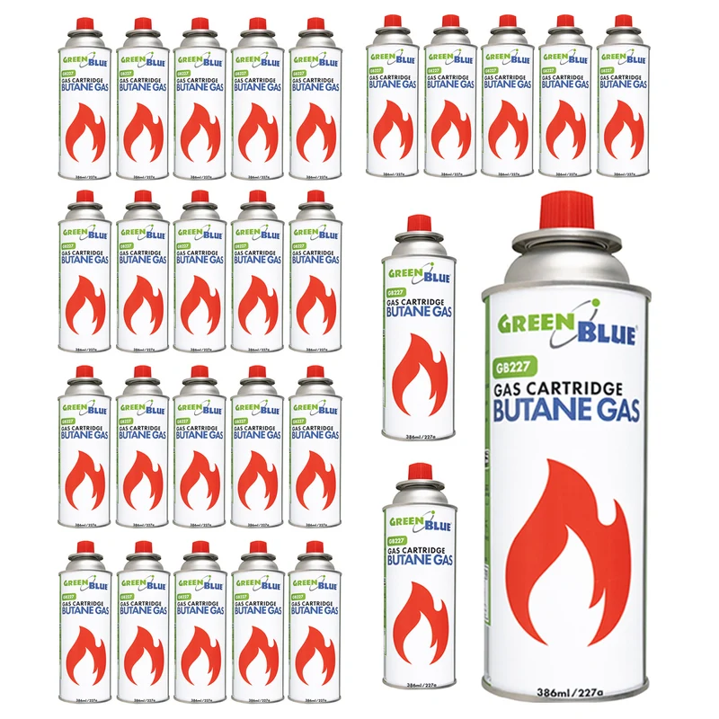 28 gaspatroner à 227 g GreenBlue. Certifikat: Pi 0875, uppfyller standarden EN417, butan, användningstemperatur -10 °C till +40 °C, GB227