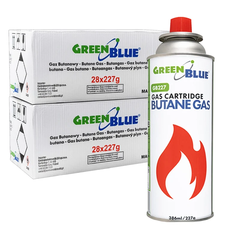56 gaspatroner à 227 g GreenBlue. Certifikat: Pi 0875, uppfyller standarden EN417, butan, användningstemperatur -10 °C till +40 °C, GB227