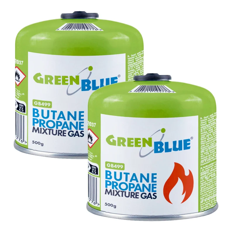 2 gaspatroner à 500 g GreenBlue. Certifikat: Pi 0437, uppfyller EN417, butan-propan, användningstemperatur -10 °C till +40 °C, gängad ventil 7/16'' GB499