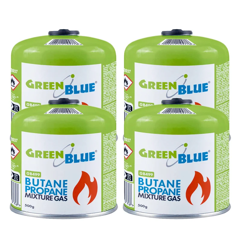 4 st. GreenBlue-gaspatroner à 500 g. Certifikat: Pi 0437, uppfyller EN417, butan-propan, användningstemperatur -10 °C till +40 °C, gängad ventil 7/16'' GB499