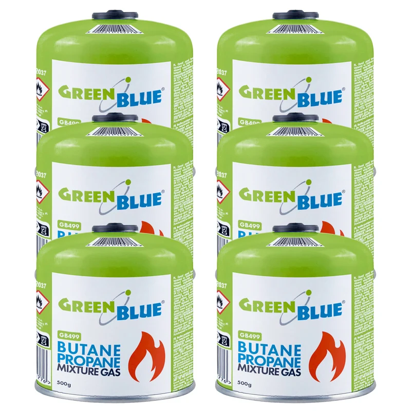 6 st. GreenBlue-gaspatroner à 500 g. Certifikat: Pi 0437, uppfyller EN417, butan-propan, användningstemperatur -10 °C till +40 °C, gängad ventil 7/16'' GB499