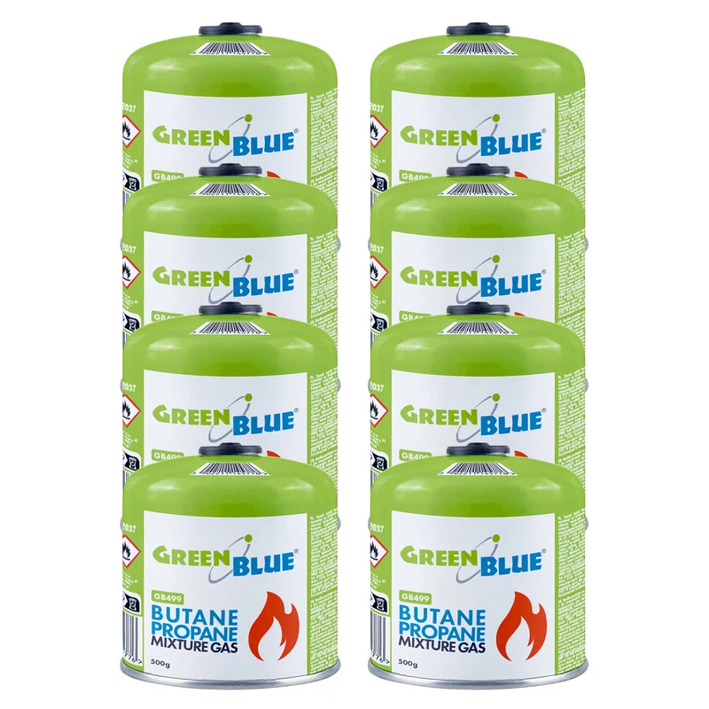 8 gaspatroner à 500 g GreenBlue. Certifikat: Pi 0437, uppfyller EN417, butan-propan, användningstemperatur -10 °C till +40 °C, gängad ventil 7/16'' GB499