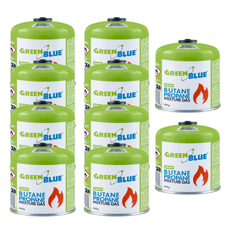 10 st. GreenBlue-gaspatroner à 500 g. Certifikat: Pi 0437, uppfyller EN417, butan-propan, användningstemperatur -10 °C till +40 °C, gängad ventil 7/16'' GB499