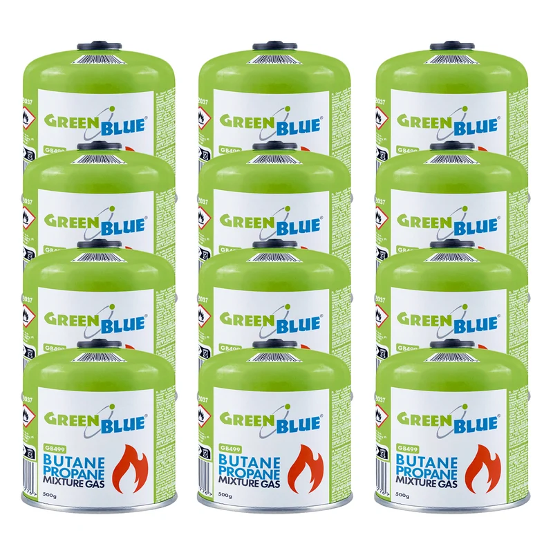 12 gaspatroner à 500 g GreenBlue. Certifikat: Pi 0437, uppfyller EN417, butan-propan, användningstemperatur -10 °C till +40 °C, gängad ventil 7/16'' GB499