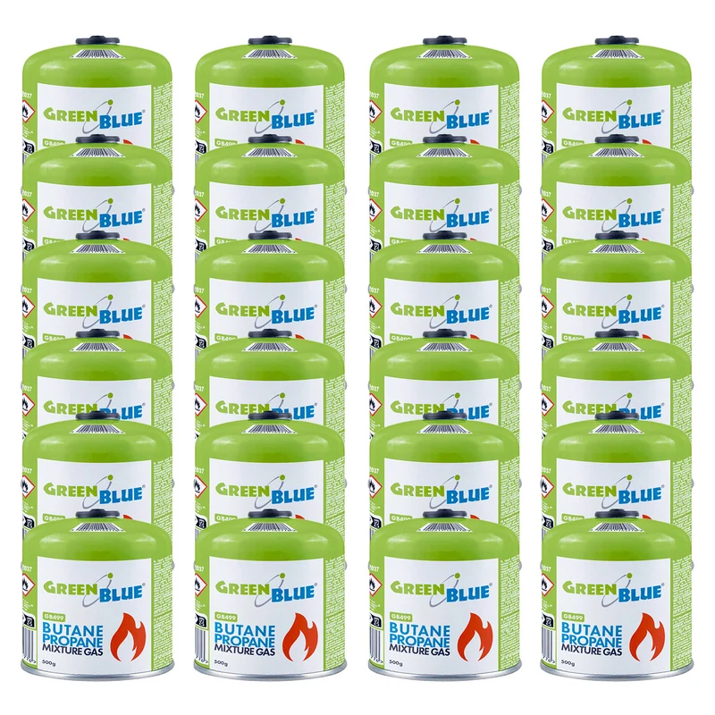 24 st. GreenBlue-gaspatroner à 500 g. Certifikat: Pi 0437, uppfyller EN417, butan-propan, användningstemperatur -10 °C till +40 °C, gängad ventil 7/16'' GB499