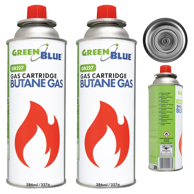 2 gaspatroner à 227 g GreenBlue. Certifikat: Pi 0875, uppfyller standarden EN417, butan, användningstemperatur -10 °C till +40 °C, GB227