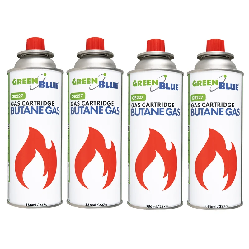 4 gaspatroner à 227 g GreenBlue. Certifikat: Pi 0875, uppfyller standarden EN417, butan, användningstemperatur -10 °C till +40 °C, GB227