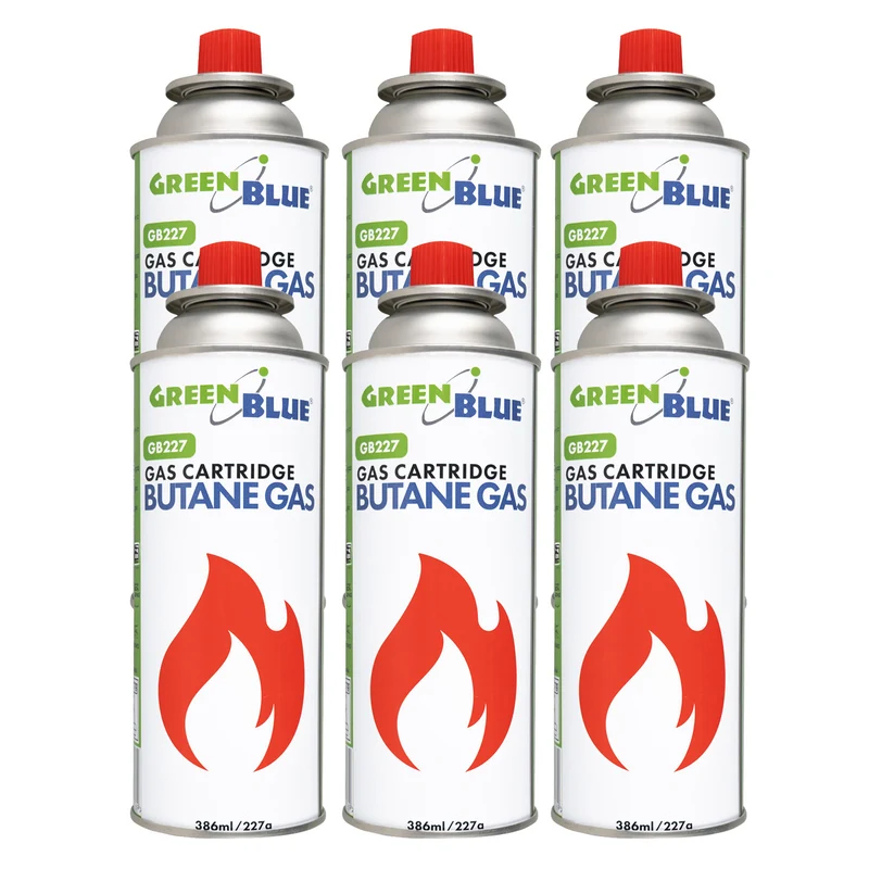 6 gaspatroner à 227 g GreenBlue. Certifikat: Pi 0875, uppfyller standarden EN417, butan, användningstemperatur -10 °C till +40 °C, GB227