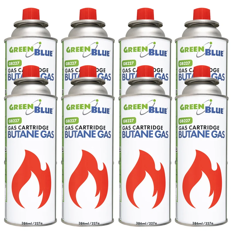 8 gaspatroner à 227 g GreenBlue. Certifikat: Pi 0875, uppfyller standarden EN417, butan, användningstemperatur -10 °C till +40 °C, GB227