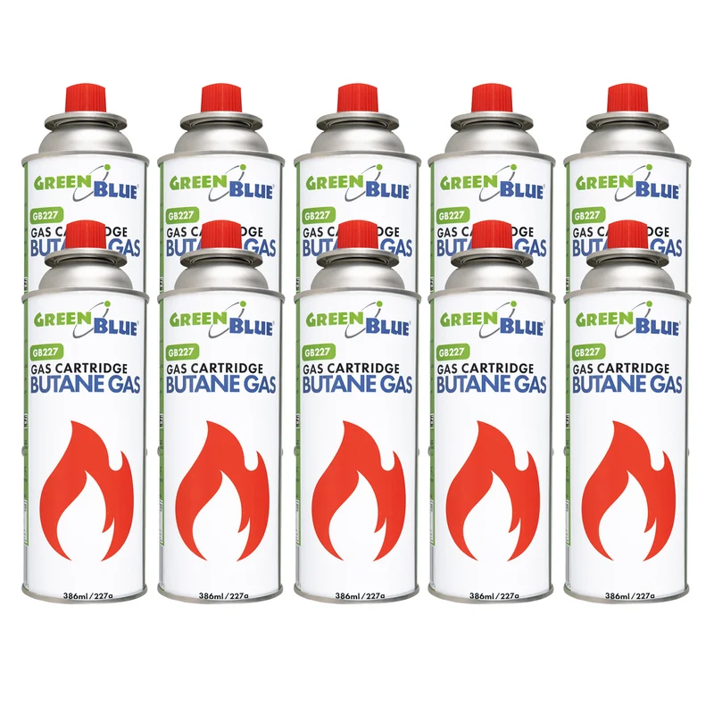 10 gaspatroner à 227 g GreenBlue. Certifikat: Pi 0875, uppfyller standarden EN417, butan, användningstemperatur -10 °C till +40 °C, GB227