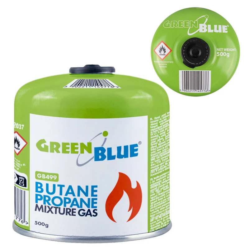 GreenBlue gaspatron 500 g. Certifikat: Pi 0437, uppfyller EN417, butan-propan, användningstemperatur -10 °C till +40 °C, gängad ventil 7/16'' GB499