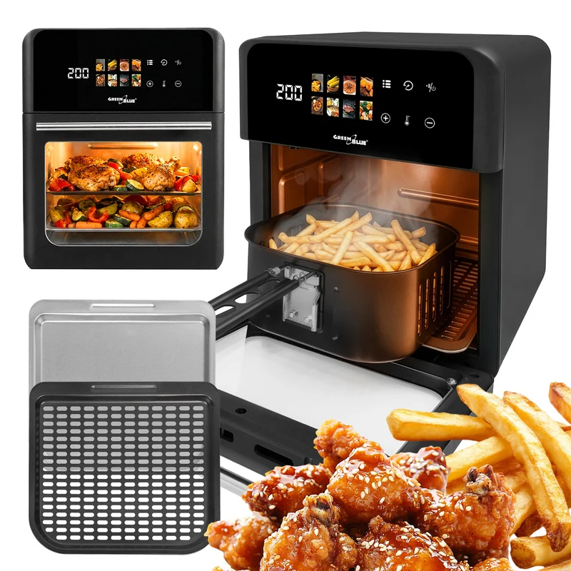 GreenBlue AIR FRYER fettfri fritös, kraftfull 1800 W, 10 liters kapacitet, 8 program, tillbehör, timer, GB950