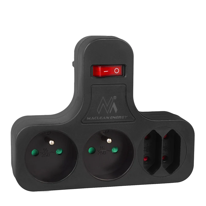 Maclean uttag, fyrdubbelt med på/av-brytare, stabiliseringsfot, typ E, 2x2,5A, 2x16A, MCE224 E/B