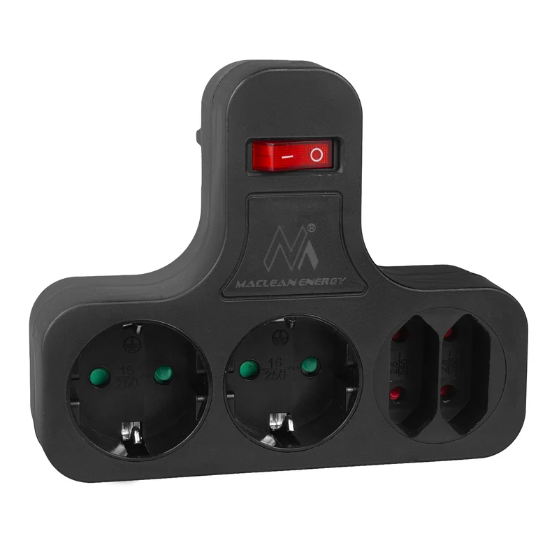 Maclean eluttag, fyrdubbelt med på/av-brytare, stabiliseringsfot, schuko-typ, 2x2,5A, 2x16A, MCE224 G/B