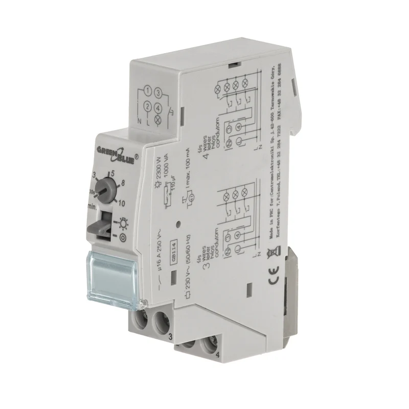 GreenBlue DIN-skenmonterad automatisk trappstyrning, justerbar mellan 30s-10m, max 2300 W, GB114