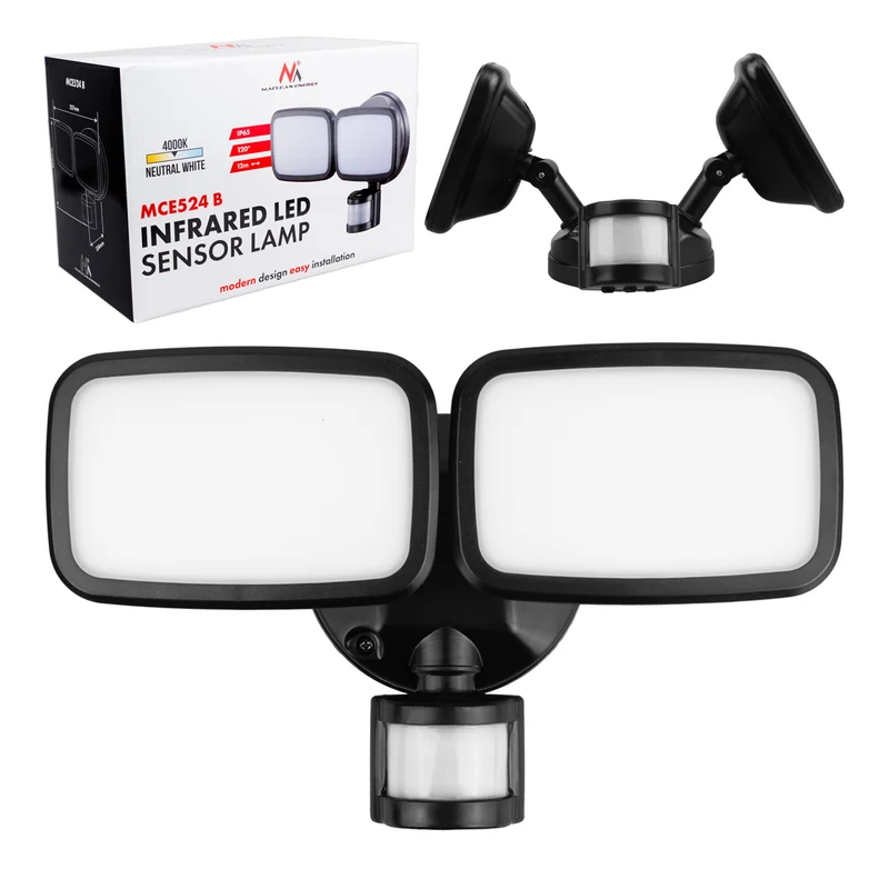 Maclean LED-vägglampa, med PIR-sensor, 20 W, 1500 lm, IP65, neutralvit 4000 K, svart, MCE524 B
