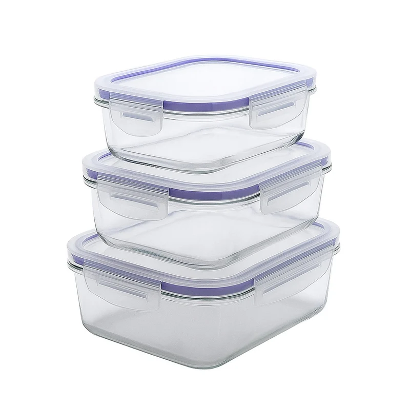 Set med 3 Practic matbehållare, kapacitet 0,6, 1 och 2 l, lock med clips