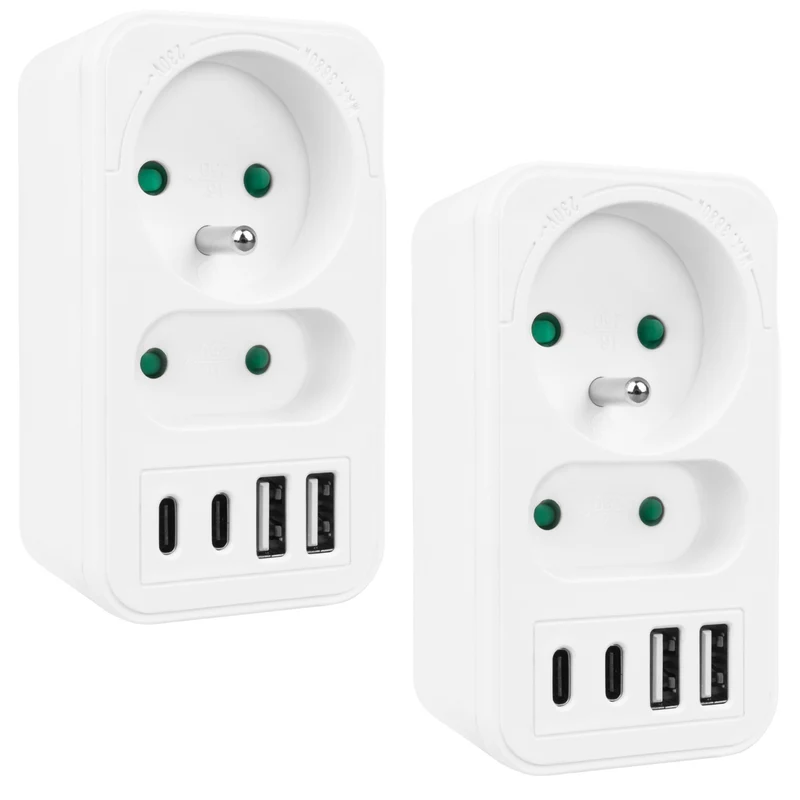 Maclean strömuttag x2 + 4xUSB, splitter med 2 uttag, 2xUSB A, 2xUSB C PD 20W, 1x16A + 1x6A, MCE249 F/W, 2 st