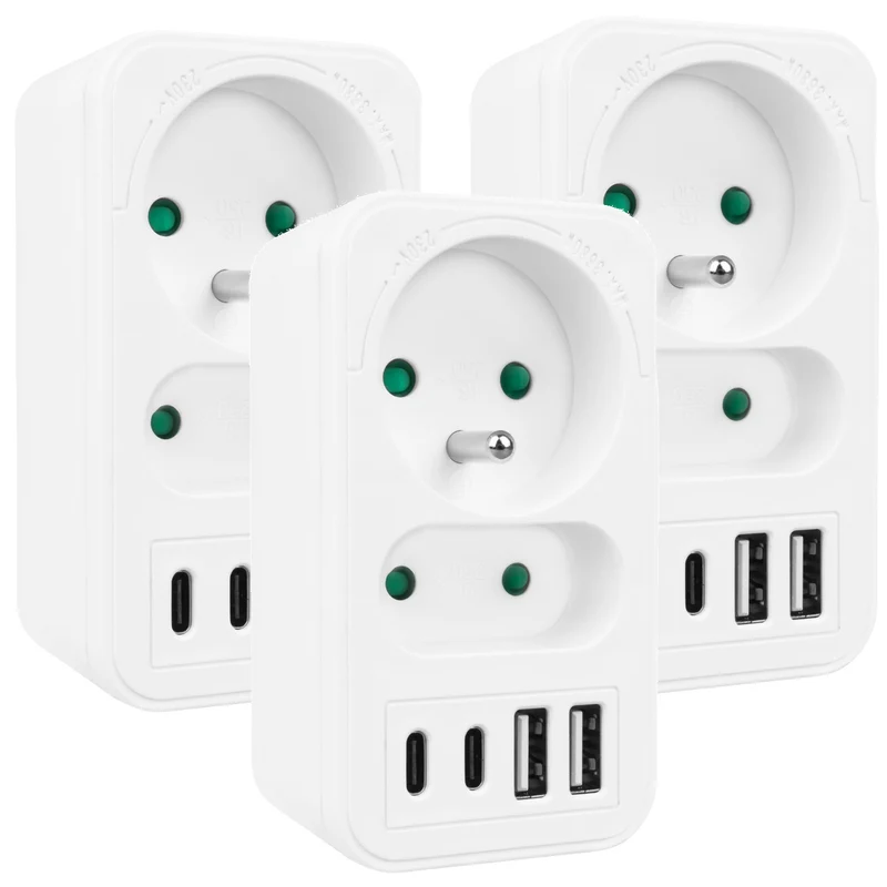Maclean strömuttag x2 + 4xUSB, splitter med 2 uttag, 2xUSB A, 2xUSB C PD 20W, 1x16A + 1x6A, MCE249 F/W, 3 st