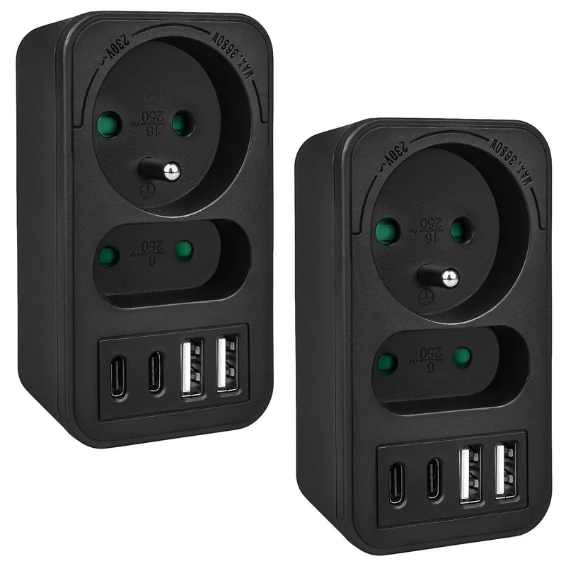 Maclean strömuttag x2 + 4xUSB, splitter med 2 uttag, 2xUSB A, 2xUSB C PD 20W, 1x16A + 1x6A, MCE249 F/B, 2 st