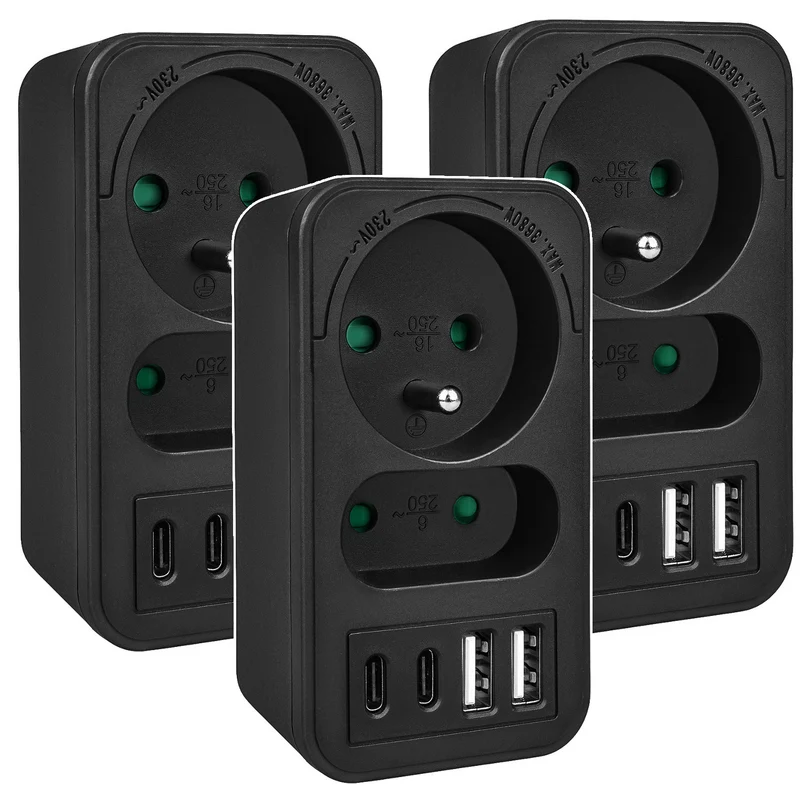 Maclean strömuttag x2 + 4xUSB, splitter med 2 uttag, 2xUSB A, 2xUSB C PD 20W, 1x16A + 1x6A, MCE249 F/B, 3 st